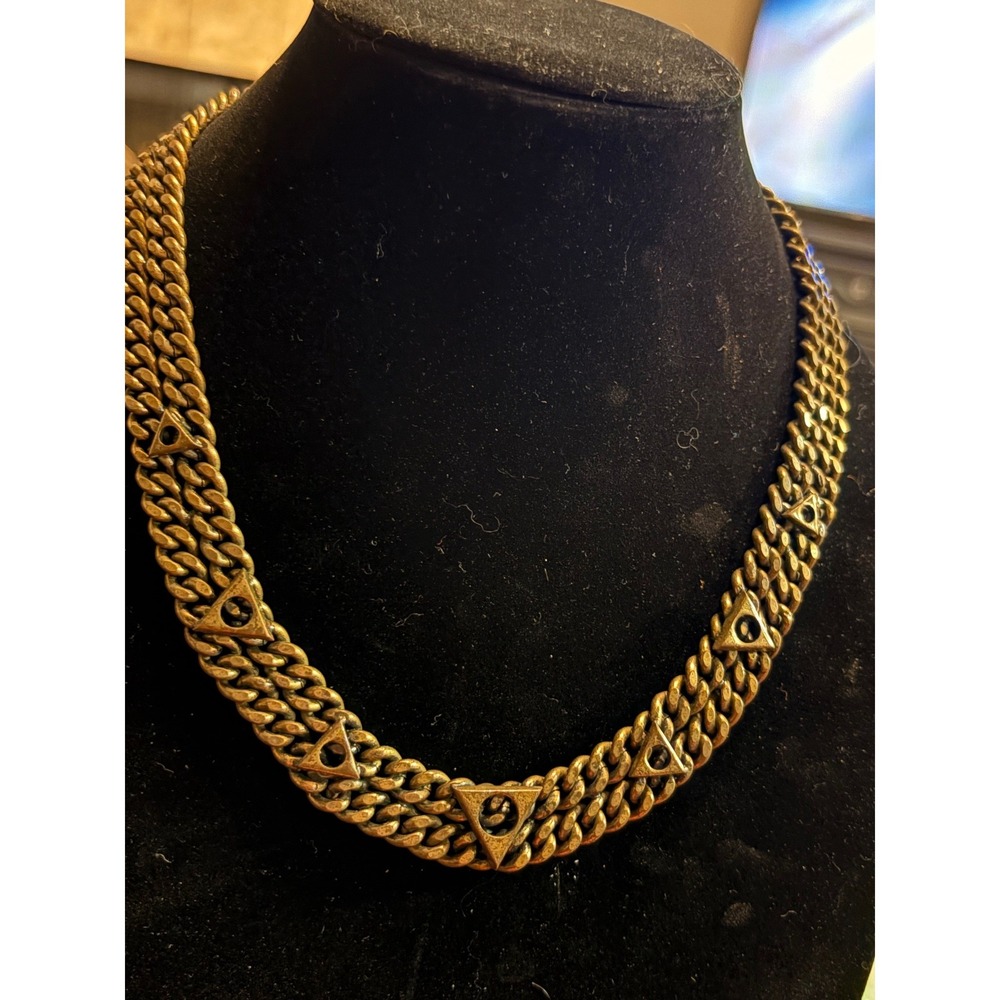 Vintage Inspired Chunky Chain Necklace Triangles Geometric Detail Gold Tone